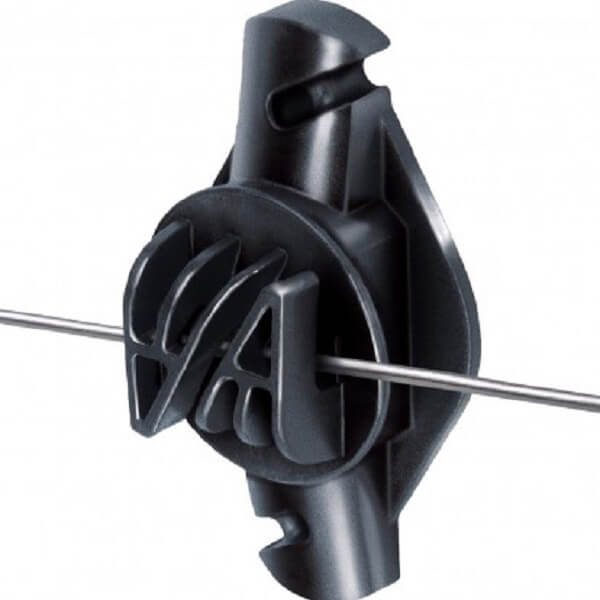 JVA electric fence insulator holding a fence wire